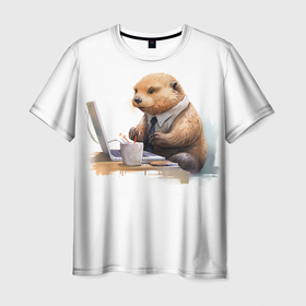Мужская футболка 3D с принтом Выдра за компьютером в Кировске, 100% полиэфир | прямой крой, круглый вырез горловины, длина до линии бедер | 