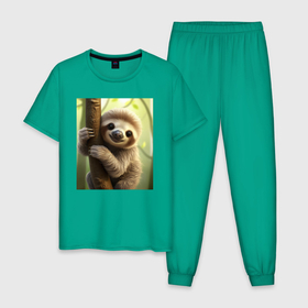 Мужская пижама хлопок с принтом Ленивец в лесу в Кировске, 100% хлопок | брюки и футболка прямого кроя, без карманов, на брюках мягкая резинка на поясе и по низу штанин
 | 