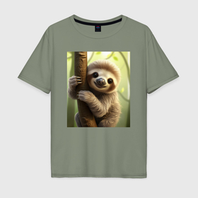 Мужская футболка хлопок Oversize с принтом Ленивец в лесу в Тюмени, 100% хлопок | свободный крой, круглый ворот, “спинка” длиннее передней части | 