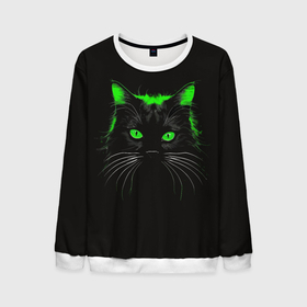 Мужской свитшот 3D с принтом Черный кот в зеленом свечении в Кировске, 100% полиэстер с мягким внутренним слоем | круглый вырез горловины, мягкая резинка на манжетах и поясе, свободная посадка по фигуре | 