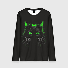 Мужской лонгслив 3D с принтом Черный кот в зеленом свечении в Санкт-Петербурге, 100% полиэстер | длинные рукава, круглый вырез горловины, полуприлегающий силуэт | 