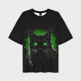 Мужская футболка oversize 3D с принтом Портрет черного кота в зеленом свечении в Санкт-Петербурге,  |  | 