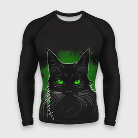 Мужской рашгард 3D с принтом Портрет черного кота в зеленом свечении в Кировске,  |  | 