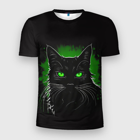 Мужская футболка 3D Slim с принтом Портрет черного кота в зеленом свечении в Кировске, 100% полиэстер с улучшенными характеристиками | приталенный силуэт, круглая горловина, широкие плечи, сужается к линии бедра | 