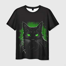 Мужская футболка 3D с принтом Портрет черного кота в зеленом свечении в Санкт-Петербурге, 100% полиэфир | прямой крой, круглый вырез горловины, длина до линии бедер | Тематика изображения на принте: 
