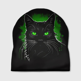 Шапка 3D с принтом Портрет черного кота в зеленом свечении в Санкт-Петербурге, 100% полиэстер | универсальный размер, печать по всей поверхности изделия | 