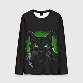 Мужской лонгслив 3D с принтом Портрет черного кота в зеленом свечении в Санкт-Петербурге, 100% полиэстер | длинные рукава, круглый вырез горловины, полуприлегающий силуэт | Тематика изображения на принте: 