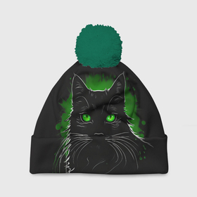 Шапка 3D c помпоном с принтом Портрет черного кота в зеленом свечении в Санкт-Петербурге, 100% полиэстер | универсальный размер, печать по всей поверхности изделия | 
