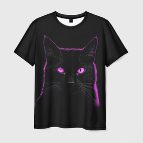 Мужская футболка 3D с принтом Черный кот в розовом свечении в Тюмени, 100% полиэфир | прямой крой, круглый вырез горловины, длина до линии бедер | 