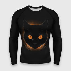 Мужской рашгард 3D с принтом Портрет черного кота в оранжевом свечении ,  |  | 
