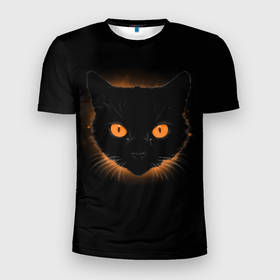 Мужская футболка 3D Slim с принтом Портрет черного кота в оранжевом свечении в Кировске, 100% полиэстер с улучшенными характеристиками | приталенный силуэт, круглая горловина, широкие плечи, сужается к линии бедра | 