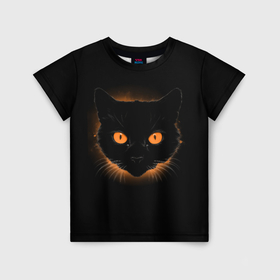 Детская футболка 3D с принтом Портрет черного кота в оранжевом свечении в Санкт-Петербурге, 100% гипоаллергенный полиэфир | прямой крой, круглый вырез горловины, длина до линии бедер, чуть спущенное плечо, ткань немного тянется | 