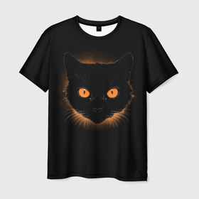 Мужская футболка 3D с принтом Портрет черного кота в оранжевом свечении в Новосибирске, 100% полиэфир | прямой крой, круглый вырез горловины, длина до линии бедер | 