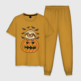 Мужская пижама хлопок с принтом Хэллоуин ленивца в Белгороде, 100% хлопок | брюки и футболка прямого кроя, без карманов, на брюках мягкая резинка на поясе и по низу штанин
 | 