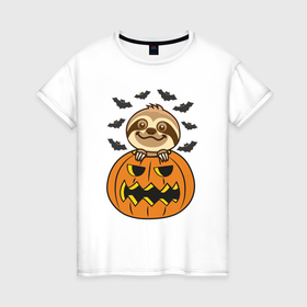 Женская футболка хлопок с принтом Хэллоуин ленивца в Кировске, 100% хлопок | прямой крой, круглый вырез горловины, длина до линии бедер, слегка спущенное плечо | 