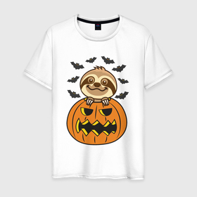 Мужская футболка хлопок с принтом Хэллоуин ленивца в Белгороде, 100% хлопок | прямой крой, круглый вырез горловины, длина до линии бедер, слегка спущенное плечо. | 