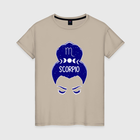 Женская футболка хлопок с принтом Скорпион зодиак девушка с луной в волосах в Тюмени, 100% хлопок | прямой крой, круглый вырез горловины, длина до линии бедер, слегка спущенное плечо | 