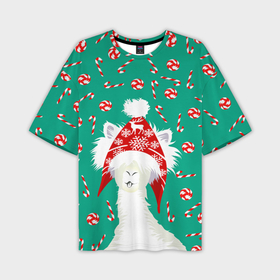 Мужская футболка oversize 3D с принтом Лама   альпака с леденцами в Кировске,  |  | 
