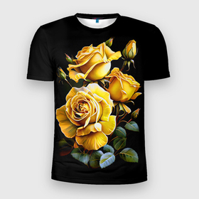 Мужская футболка 3D Slim с принтом Солнечные жёлтые розы в Тюмени, 100% полиэстер с улучшенными характеристиками | приталенный силуэт, круглая горловина, широкие плечи, сужается к линии бедра | Тематика изображения на принте: 