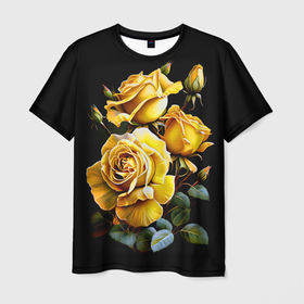 Мужская футболка 3D с принтом Солнечные жёлтые розы в Тюмени, 100% полиэфир | прямой крой, круглый вырез горловины, длина до линии бедер | Тематика изображения на принте: 