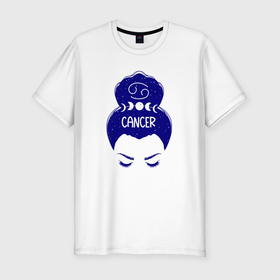 Мужская футболка хлопок Slim с принтом Рак знак зодиака девушка с луной в волосах в Санкт-Петербурге, 92% хлопок, 8% лайкра | приталенный силуэт, круглый вырез ворота, длина до линии бедра, короткий рукав | 
