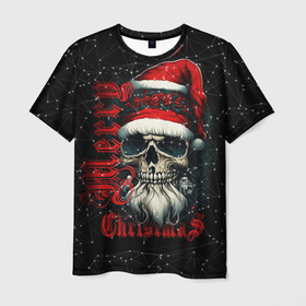 Мужская футболка 3D с принтом Рождественская с черепом деда мороза в Курске, 100% полиэфир | прямой крой, круглый вырез горловины, длина до линии бедер | 