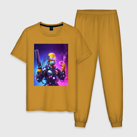 Мужская пижама хлопок с принтом Гомер Симпсон с пистолетом и пончиком   киберпанк в Санкт-Петербурге, 100% хлопок | брюки и футболка прямого кроя, без карманов, на брюках мягкая резинка на поясе и по низу штанин
 | 