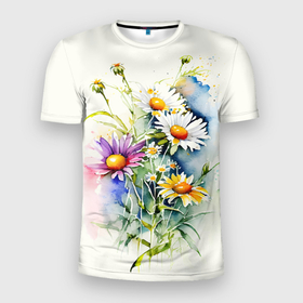 Мужская футболка 3D Slim с принтом Акварельные полевые цветы в Тюмени, 100% полиэстер с улучшенными характеристиками | приталенный силуэт, круглая горловина, широкие плечи, сужается к линии бедра | 