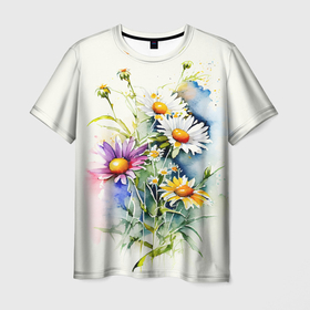Мужская футболка 3D с принтом Акварельные полевые цветы в Петрозаводске, 100% полиэфир | прямой крой, круглый вырез горловины, длина до линии бедер | 