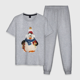 Мужская пижама хлопок с принтом Пингвин в шарфе с подарками в Новосибирске, 100% хлопок | брюки и футболка прямого кроя, без карманов, на брюках мягкая резинка на поясе и по низу штанин
 | Тематика изображения на принте: 