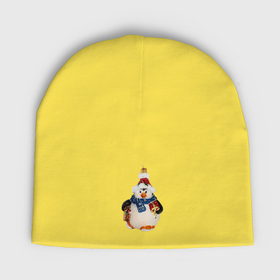 Мужская шапка демисезонная с принтом Пингвин в шарфе с подарками в Кировске,  |  | Тематика изображения на принте: 