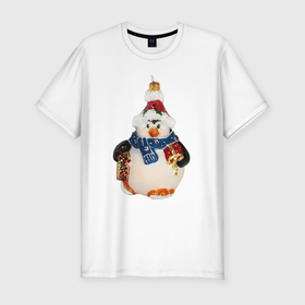Мужская футболка хлопок Slim с принтом Пингвин в шарфе с подарками в Новосибирске, 92% хлопок, 8% лайкра | приталенный силуэт, круглый вырез ворота, длина до линии бедра, короткий рукав | Тематика изображения на принте: 