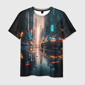 Мужская футболка 3D с принтом Городской пейзаж после дождя в Кировске, 100% полиэфир | прямой крой, круглый вырез горловины, длина до линии бедер | 