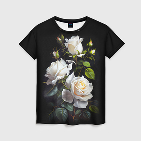 Женская футболка 3D с принтом Белоснежные розы в Екатеринбурге, 100% полиэфир ( синтетическое хлопкоподобное полотно) | прямой крой, круглый вырез горловины, длина до линии бедер | 