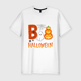Мужская футболка хлопок Slim с принтом Хеллоуин   праздник тыквы в Петрозаводске, 92% хлопок, 8% лайкра | приталенный силуэт, круглый вырез ворота, длина до линии бедра, короткий рукав | 