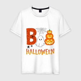 Мужская футболка хлопок с принтом Хеллоуин   праздник тыквы в Петрозаводске, 100% хлопок | прямой крой, круглый вырез горловины, длина до линии бедер, слегка спущенное плечо. | 