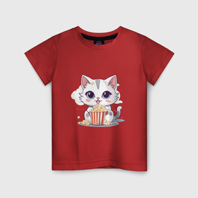 Детская футболка хлопок с принтом Милый котик с попкорном в Новосибирске, 100% хлопок | круглый вырез горловины, полуприлегающий силуэт, длина до линии бедер | 