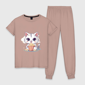Женская пижама хлопок с принтом Милый котик с попкорном в Новосибирске, 100% хлопок | брюки и футболка прямого кроя, без карманов, на брюках мягкая резинка на поясе и по низу штанин | 