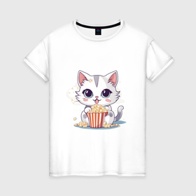 Женская футболка хлопок с принтом Милый котик с попкорном , 100% хлопок | прямой крой, круглый вырез горловины, длина до линии бедер, слегка спущенное плечо | 