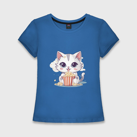 Женская футболка хлопок Slim с принтом Милый котик с попкорном в Петрозаводске,  |  | Тематика изображения на принте: 