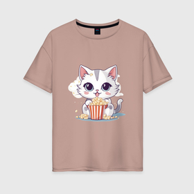 Женская футболка хлопок Oversize с принтом Милый котик с попкорном , 100% хлопок | свободный крой, круглый ворот, спущенный рукав, длина до линии бедер
 | 
