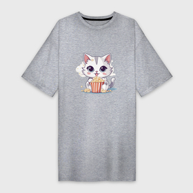 Платье-футболка хлопок с принтом Милый котик с попкорном в Петрозаводске,  |  | 