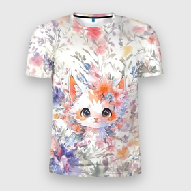 Мужская футболка 3D Slim с принтом Котёнок в акварельных цветах в Санкт-Петербурге, 100% полиэстер с улучшенными характеристиками | приталенный силуэт, круглая горловина, широкие плечи, сужается к линии бедра | 