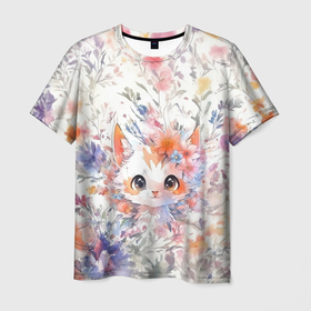 Мужская футболка 3D с принтом Котёнок в акварельных цветах в Санкт-Петербурге, 100% полиэфир | прямой крой, круглый вырез горловины, длина до линии бедер | 