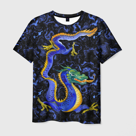 Мужская футболка 3D с принтом Дракон на синем мраморе в Екатеринбурге, 100% полиэфир | прямой крой, круглый вырез горловины, длина до линии бедер | 
