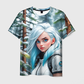 Мужская футболка 3D с принтом Девушка с голубыми глазами в сосновом лесу в Курске, 100% полиэфир | прямой крой, круглый вырез горловины, длина до линии бедер | 