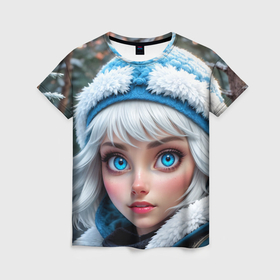 Женская футболка 3D с принтом Девушка с голубыми глазами в синей шапке в Белгороде, 100% полиэфир ( синтетическое хлопкоподобное полотно) | прямой крой, круглый вырез горловины, длина до линии бедер | 