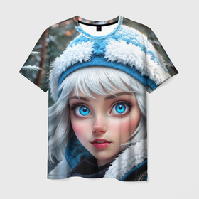 Мужская футболка 3D с принтом Девушка с голубыми глазами в синей шапке в Курске, 100% полиэфир | прямой крой, круглый вырез горловины, длина до линии бедер | 