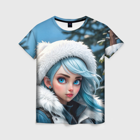 Женская футболка 3D с принтом Девушка с голубыми волосами в белой шапке в Белгороде, 100% полиэфир ( синтетическое хлопкоподобное полотно) | прямой крой, круглый вырез горловины, длина до линии бедер | 