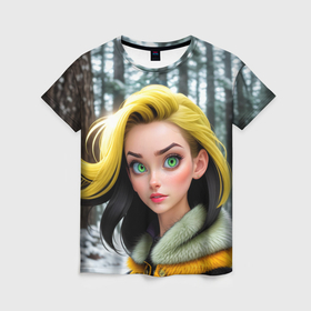 Женская футболка 3D с принтом Девушка с зелёными глазами в шубе в Белгороде, 100% полиэфир ( синтетическое хлопкоподобное полотно) | прямой крой, круглый вырез горловины, длина до линии бедер | 